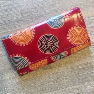 {Handcrafted} Red Wallet w/Colorful Etched Circles
